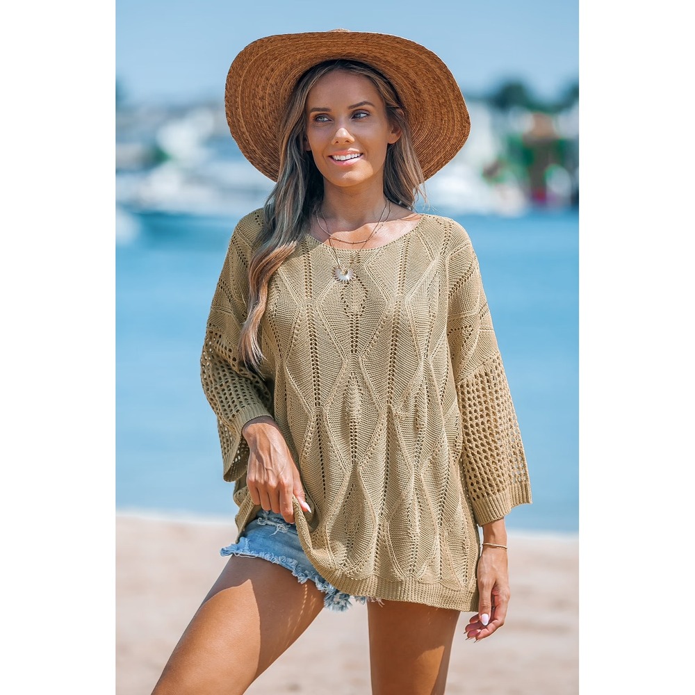 Cupshe Tan Crochet Knit Beach Cover Up Sweater Diamond Pointelle Small NEW - Picture 4 of 7